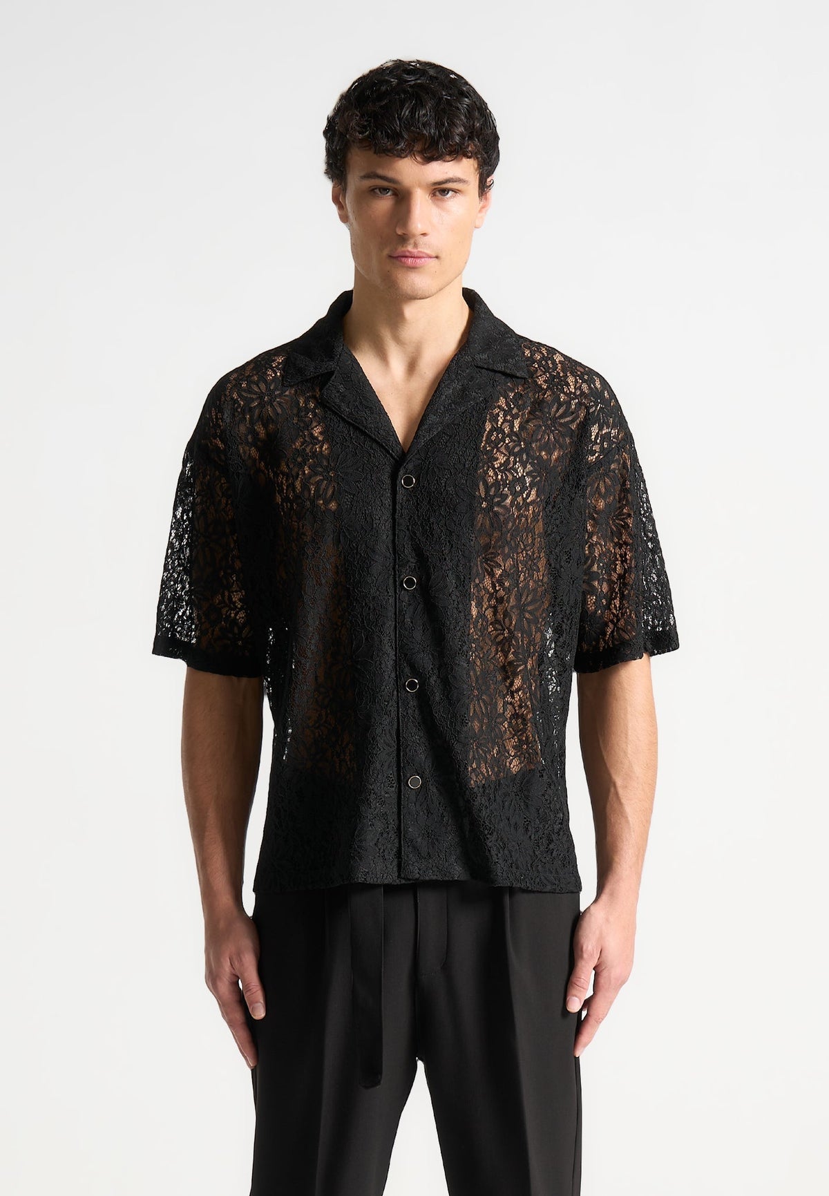 Boxy Lace Revere Shirt - Black