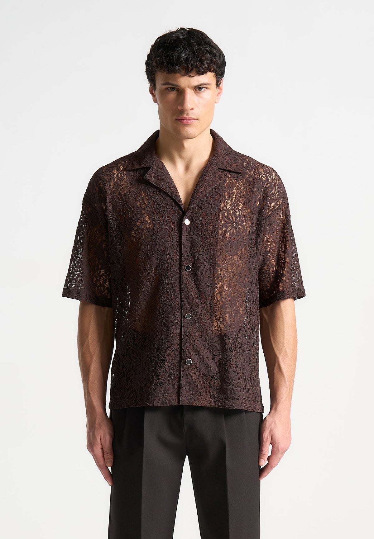 Boxy Lace Revere Shirt - Brown