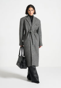 Jena - Wide Shoulder Wool Coat with Cinch Belt - Grey
