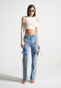 Axelle - Button Down Overlay Mom Jeans - Mid Blue