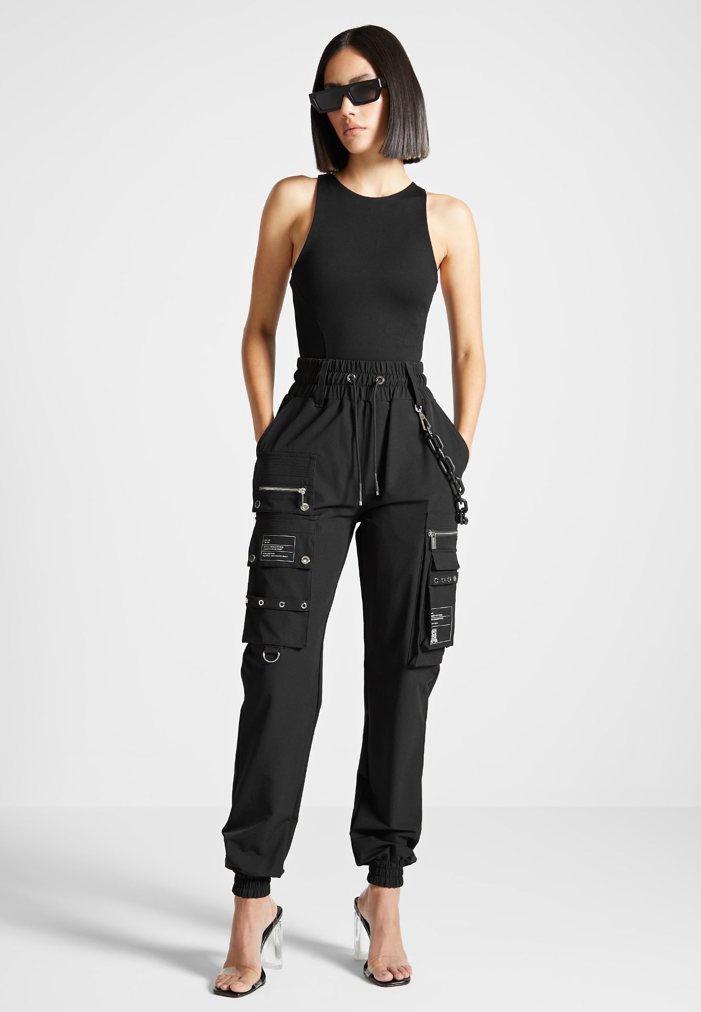 Cargo Pants with Marble & Matte Chain - Black