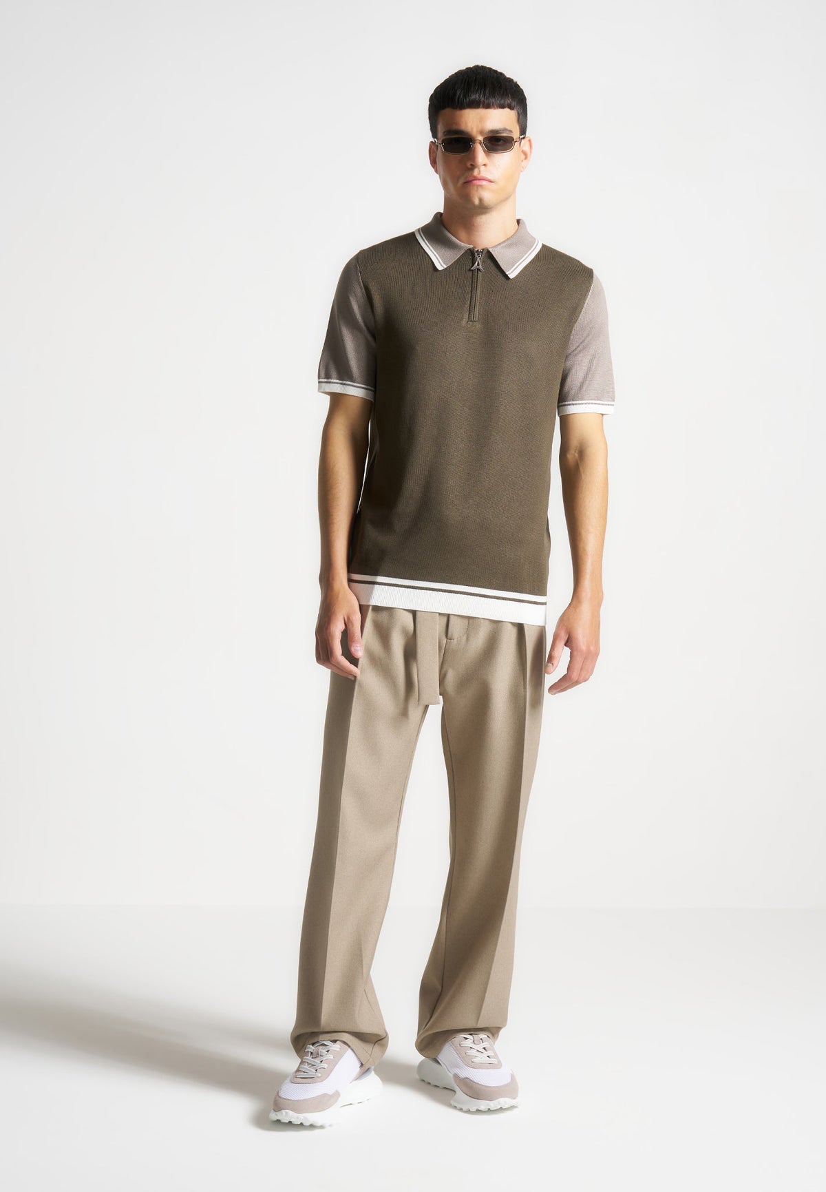Cole - Colour Block Zip Polo Shirt - Khaki
