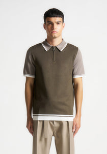Cole - Colour Block Zip Polo Shirt - Khaki