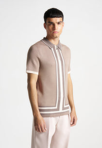 Daniel - Contrast Border Knit Zip Polo Shirt - Taupe