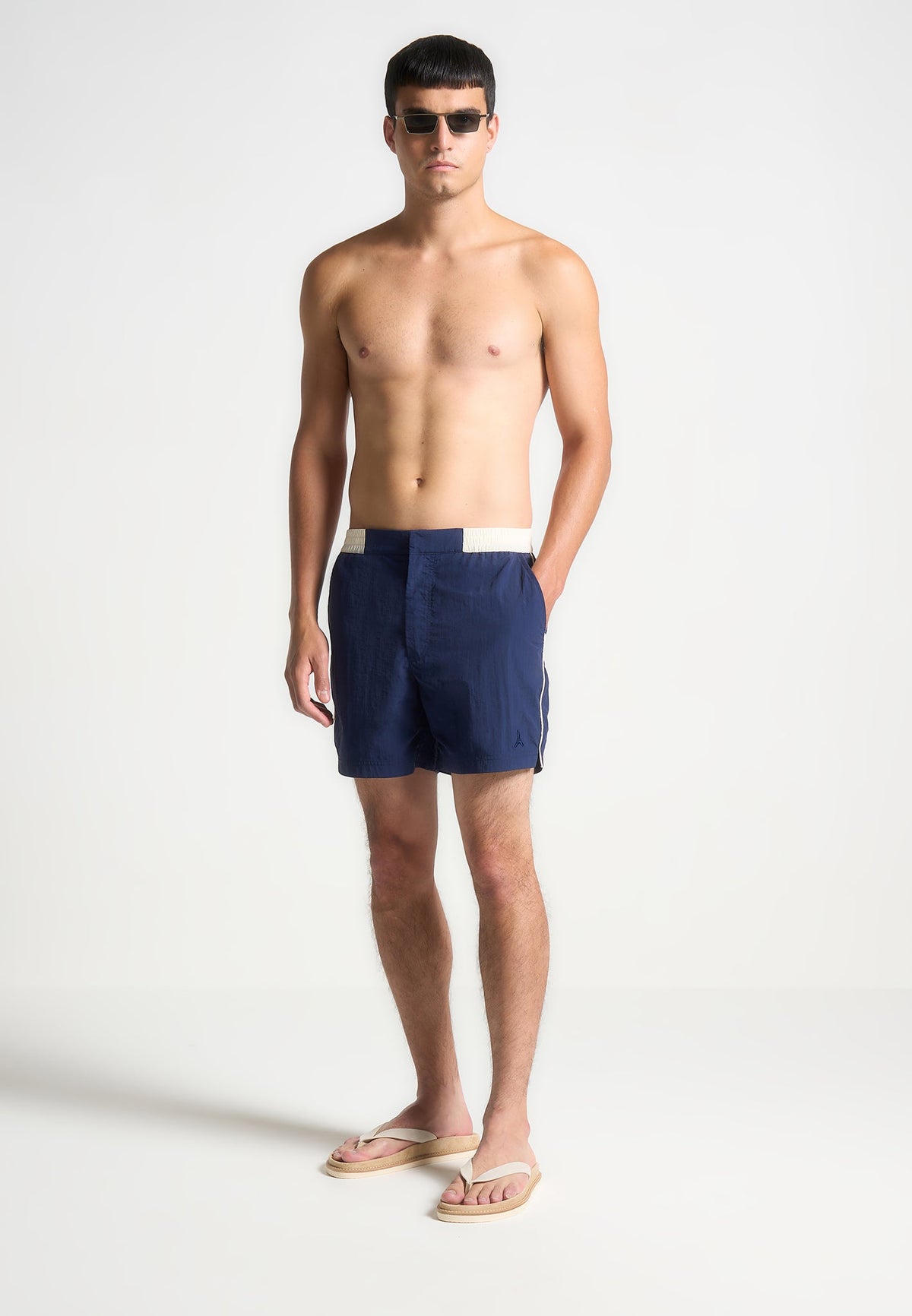 Contrast Waistband Swim Shorts - Navy/Cream
