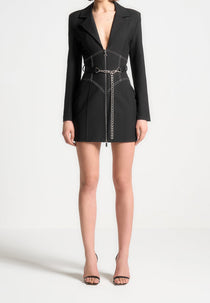 Corset Blazer Dress with Chain - Black