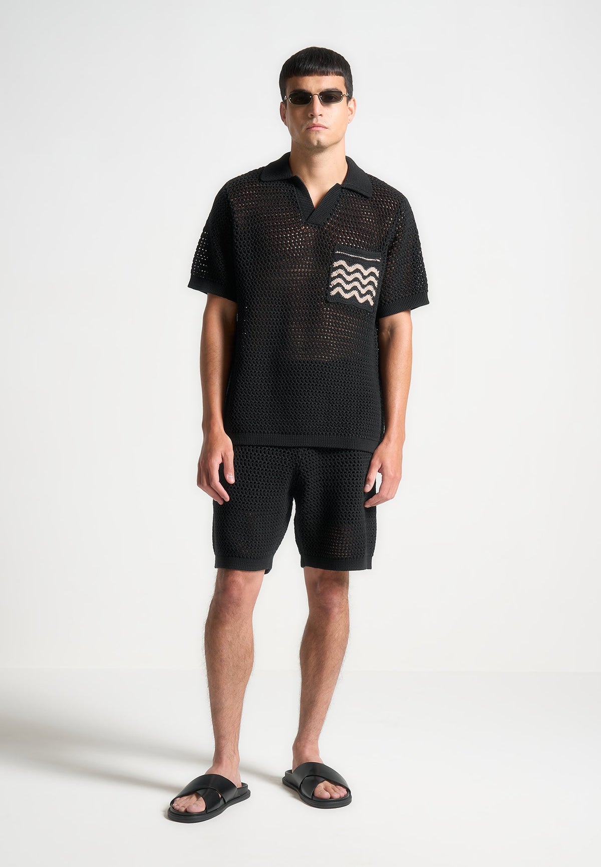 Crochet Knit Polo Shirt  - Black