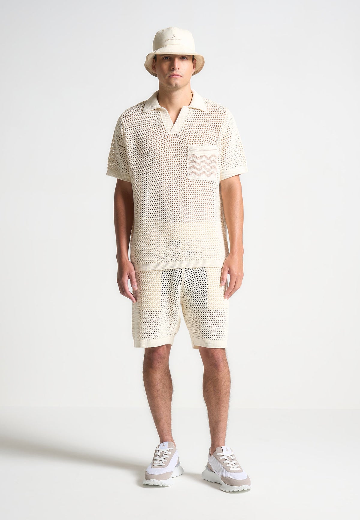 Crochet Knit Polo Shirt  - Cream