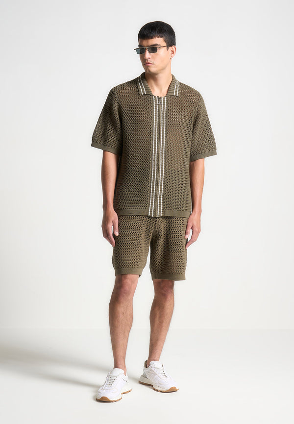 Crochet Knit Stripe Zip Shirt - Khaki