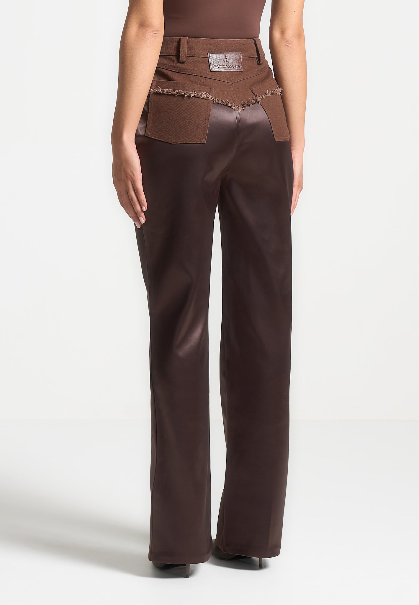 Distressed Drill & Satin Trousers - Brown