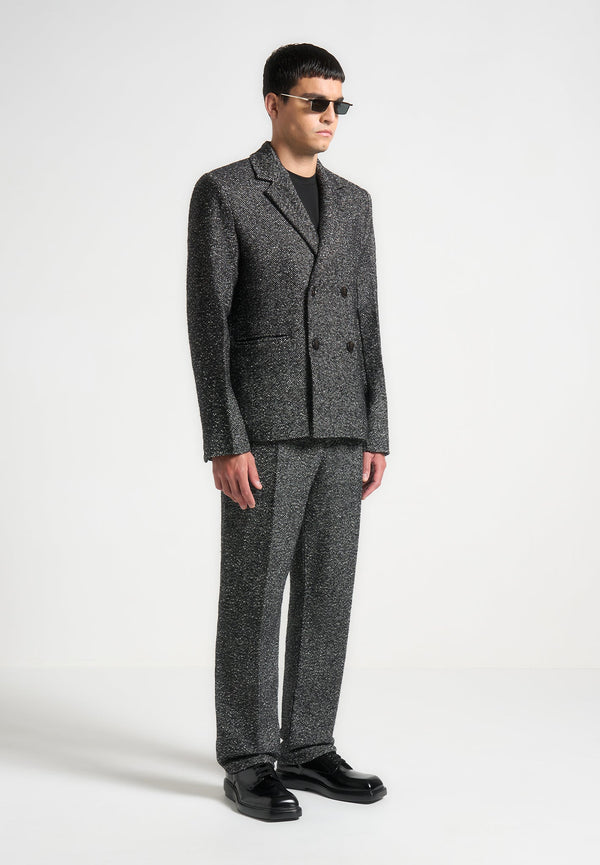 Didier - Double Breasted Herringbone Wool Blend Suit Jacket - Black