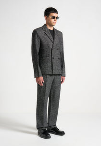 Didier - Double Breasted Herringbone Wool Blend Suit Jacket - Black