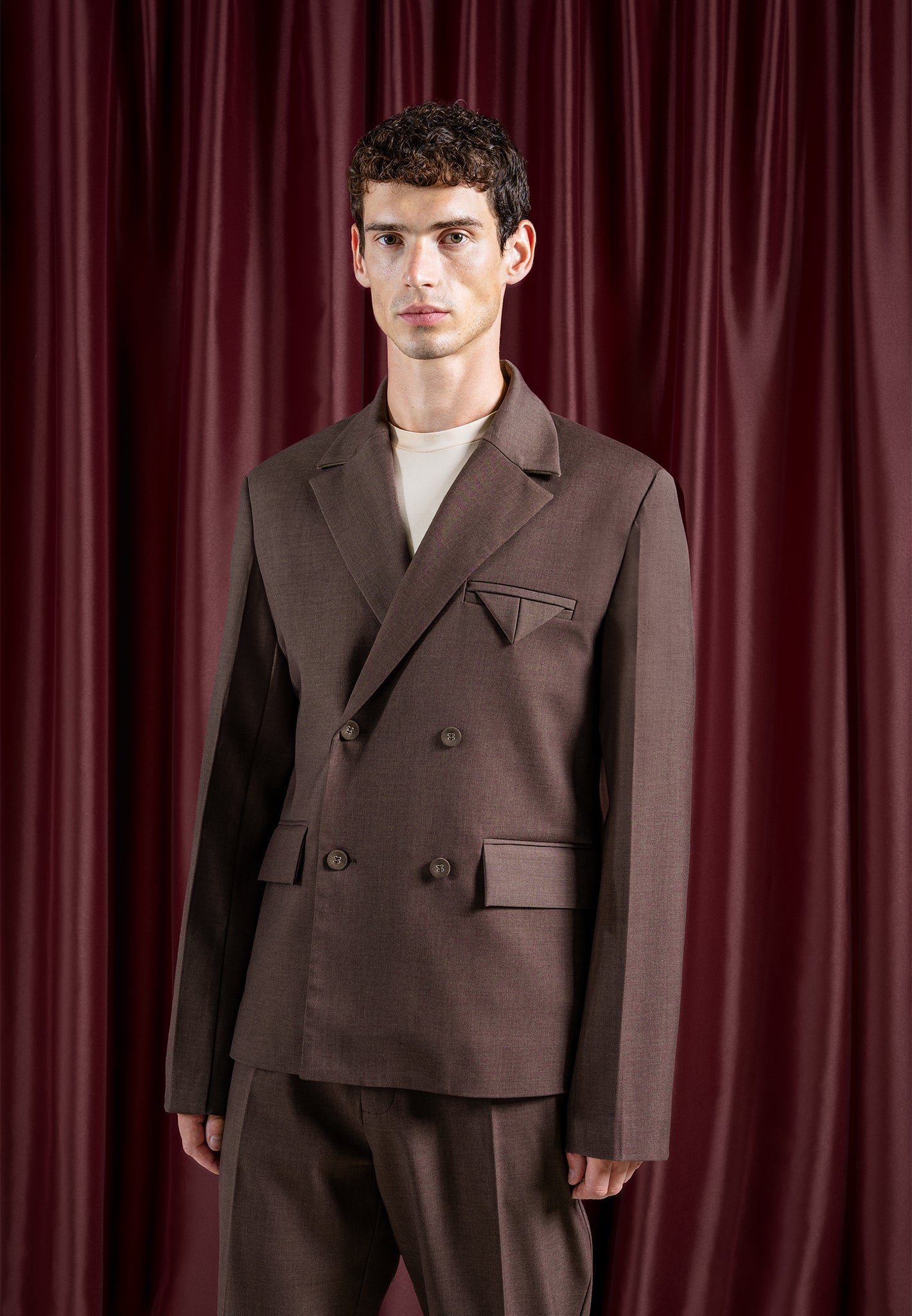 Double breasted twill suit jas - bruin