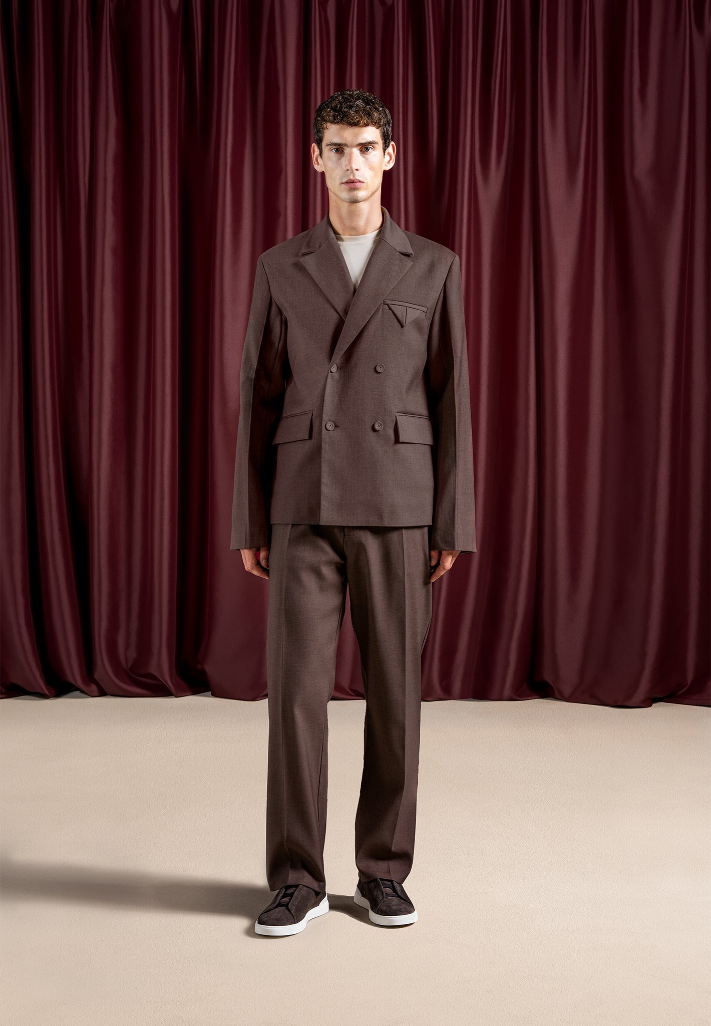 Double breasted twill suit jas - bruin