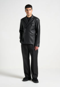 Didier - Double Breasted Leather Suit Jacket - Black