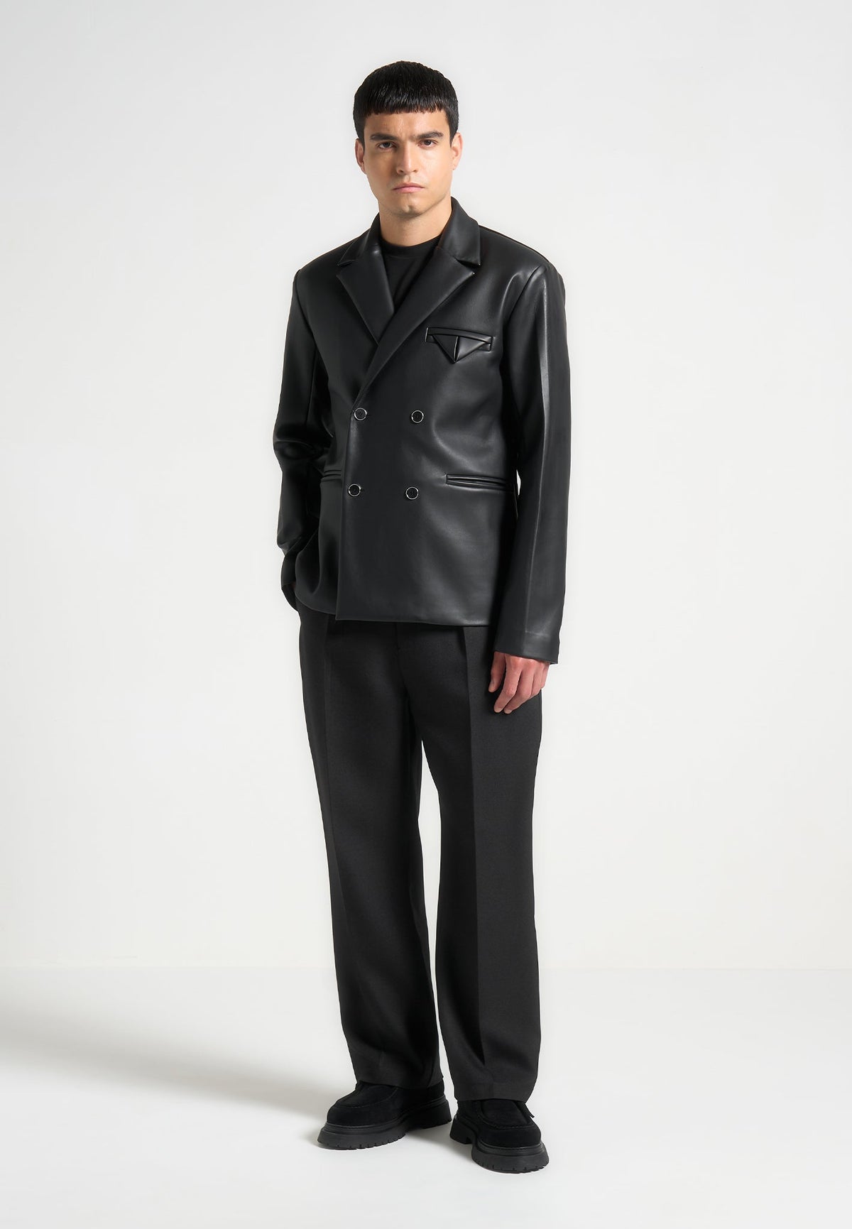 Didier - Double Breasted Leather Suit Jacket - Black