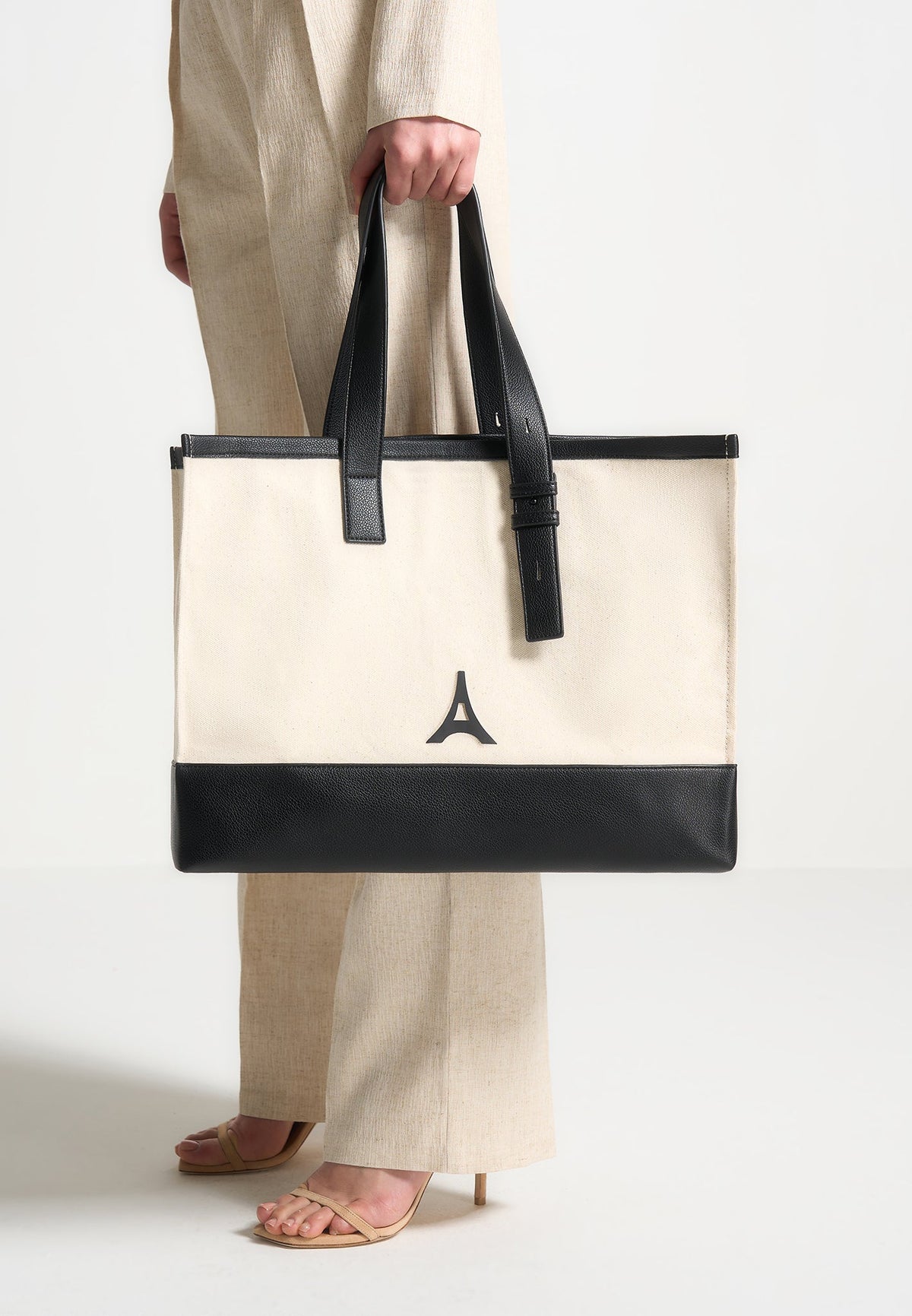 Romane - Eiffel Detail Canvas Tote Bag - Beige/Black