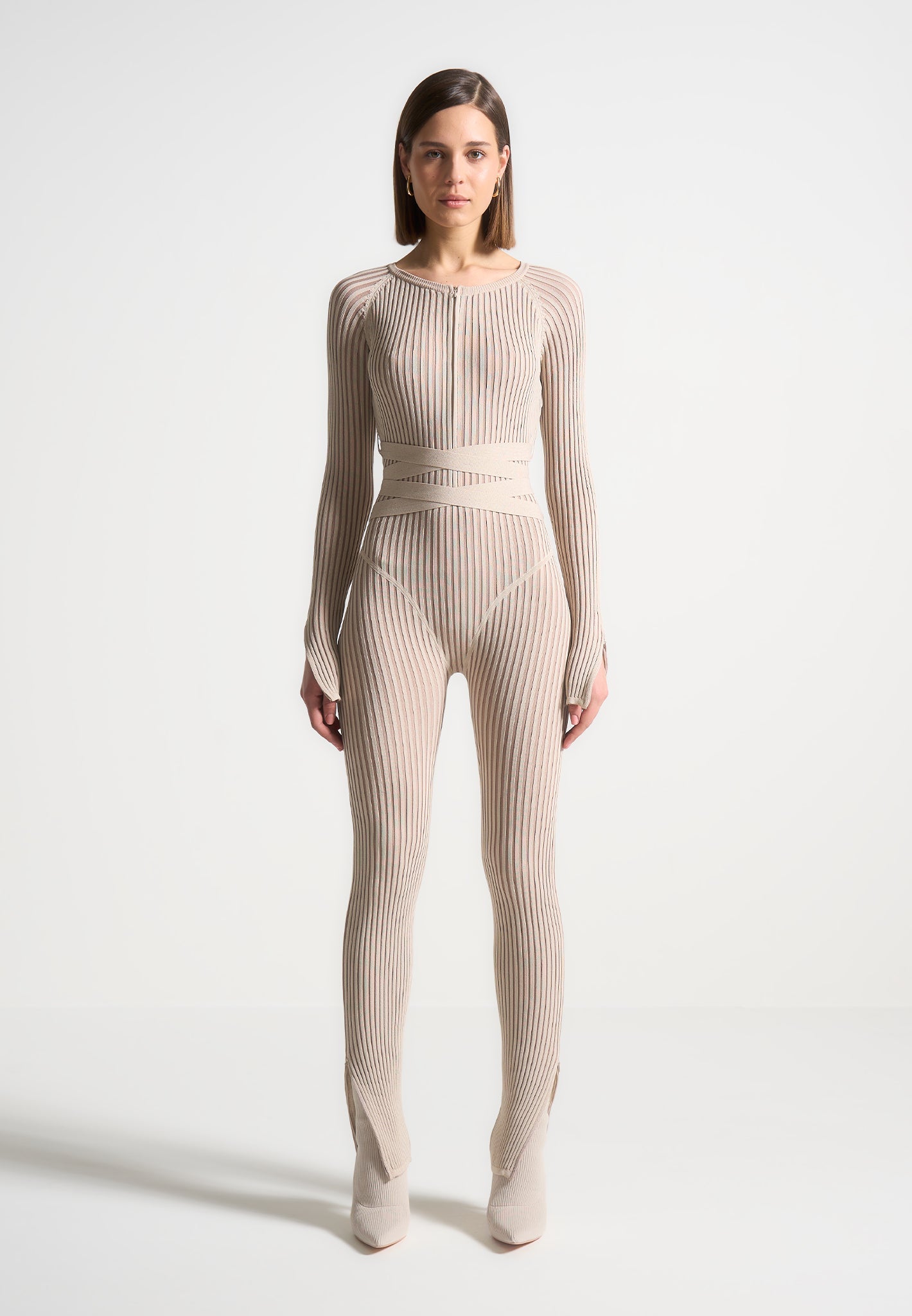 Knitted Two Tone Jumpsuit with Belt - Beige/Taupe