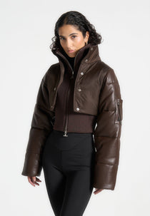 Lysandra - Leather and Nylon Layered Puffer Jacket - Brown