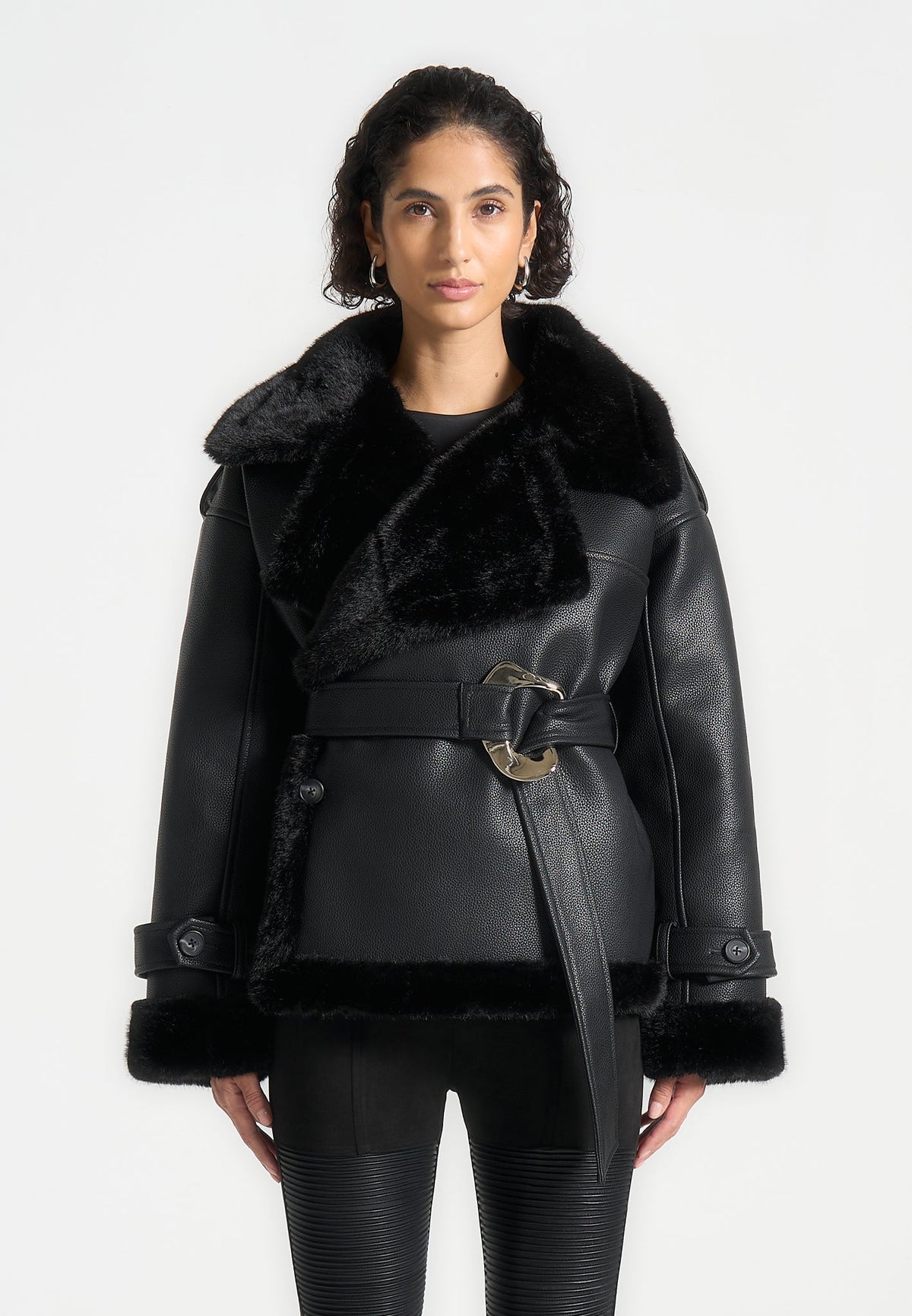 Charlene - Leather and Plush Wrap Belted Jacket - Black