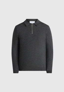 Gilles - Merino Wool Long Sleeve Polo Top With Zip - Marl Grey