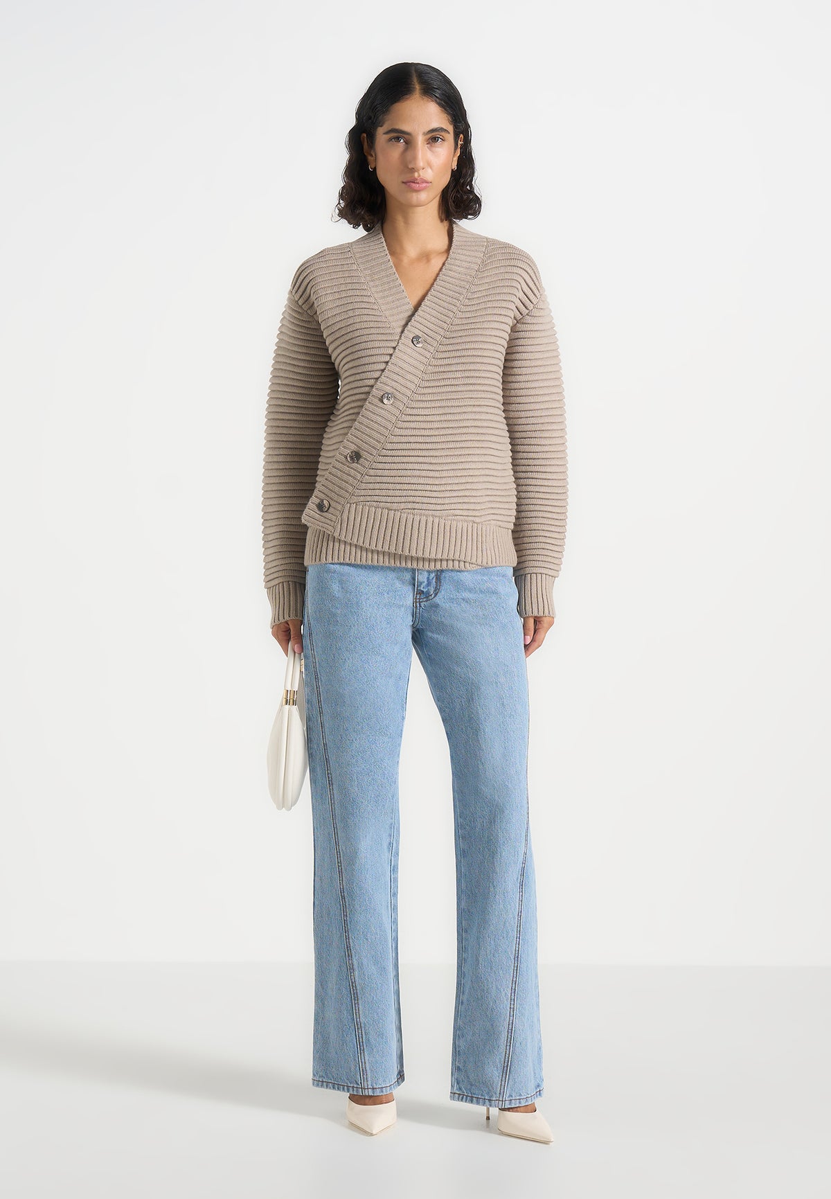 Dani - Asymmetric Brushed Wool-Blend Rib Knit Cardigan - Taupe