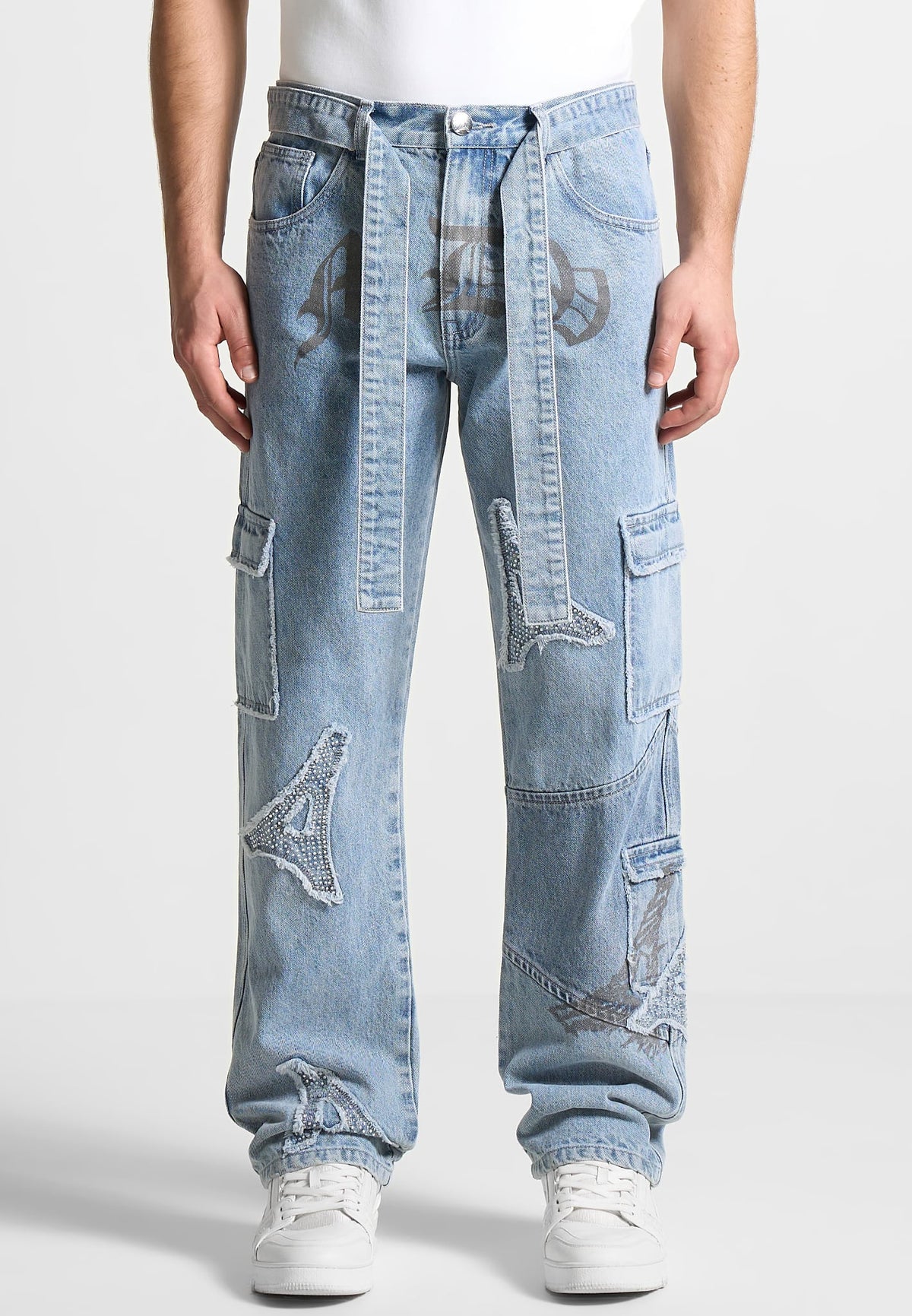 MDV Rhinestone Eiffel Patch Jeans - Stonewash Blue