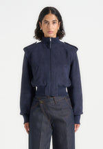 Delfina - Suede Layered-Shoulder Cropped Bomber Jacket - Navy