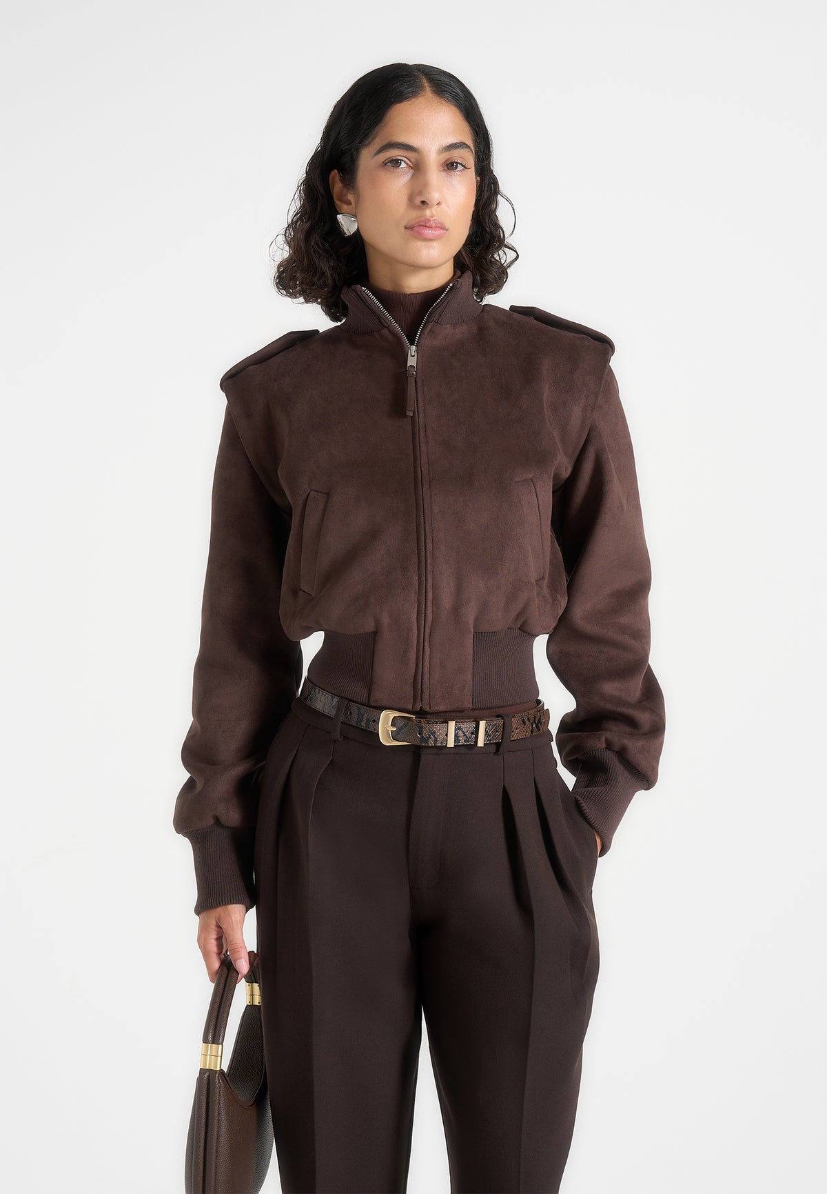 Delfina - Suede Layered-Shoulder Cropped Bomber Jacket - Brown