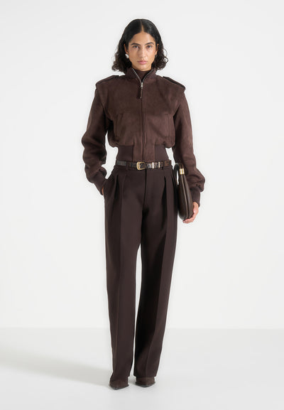 Delfina - Suede Layered-Shoulder Cropped Bomber Jacket - Brown