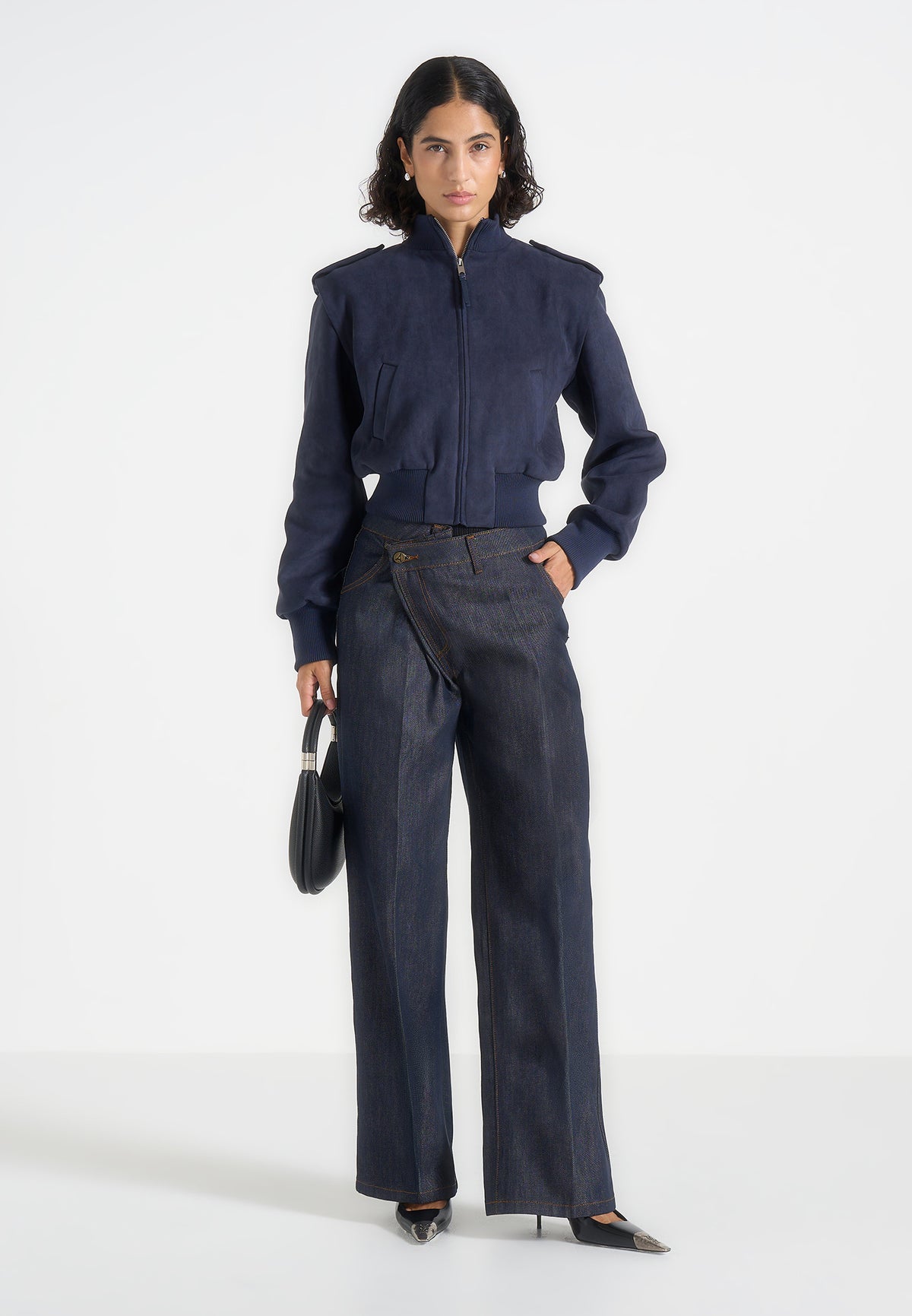Delfina - Suede Layered-Shoulder Cropped Bomber Jacket - Navy