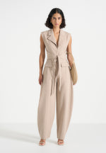 Kira - Tie-Waist Barrel Leg Tailored Jumpsuit - Beige