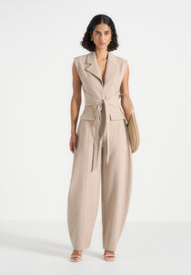 Kira - Tie-Waist Barrel Leg Tailored Jumpsuit - Beige