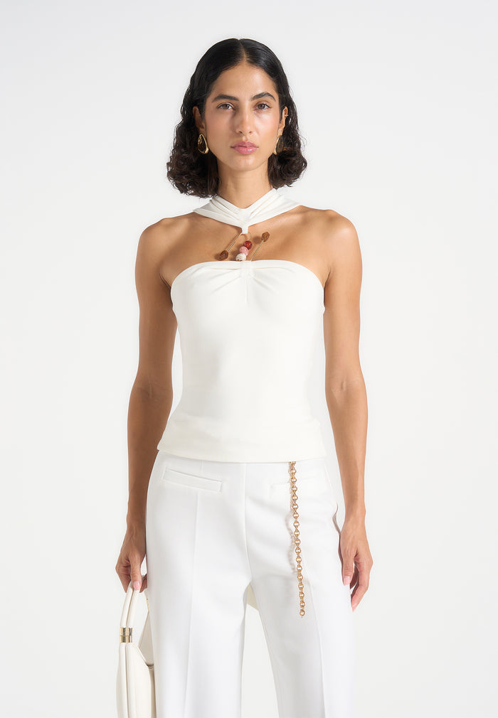 Abigail - Hardware Detail Open-Back Tie Crop Top - White