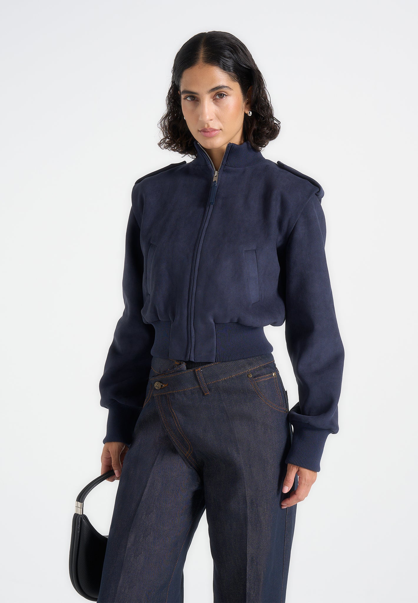 Delfina - Suede Layered-Shoulder Cropped Bomber Jacket - Navy