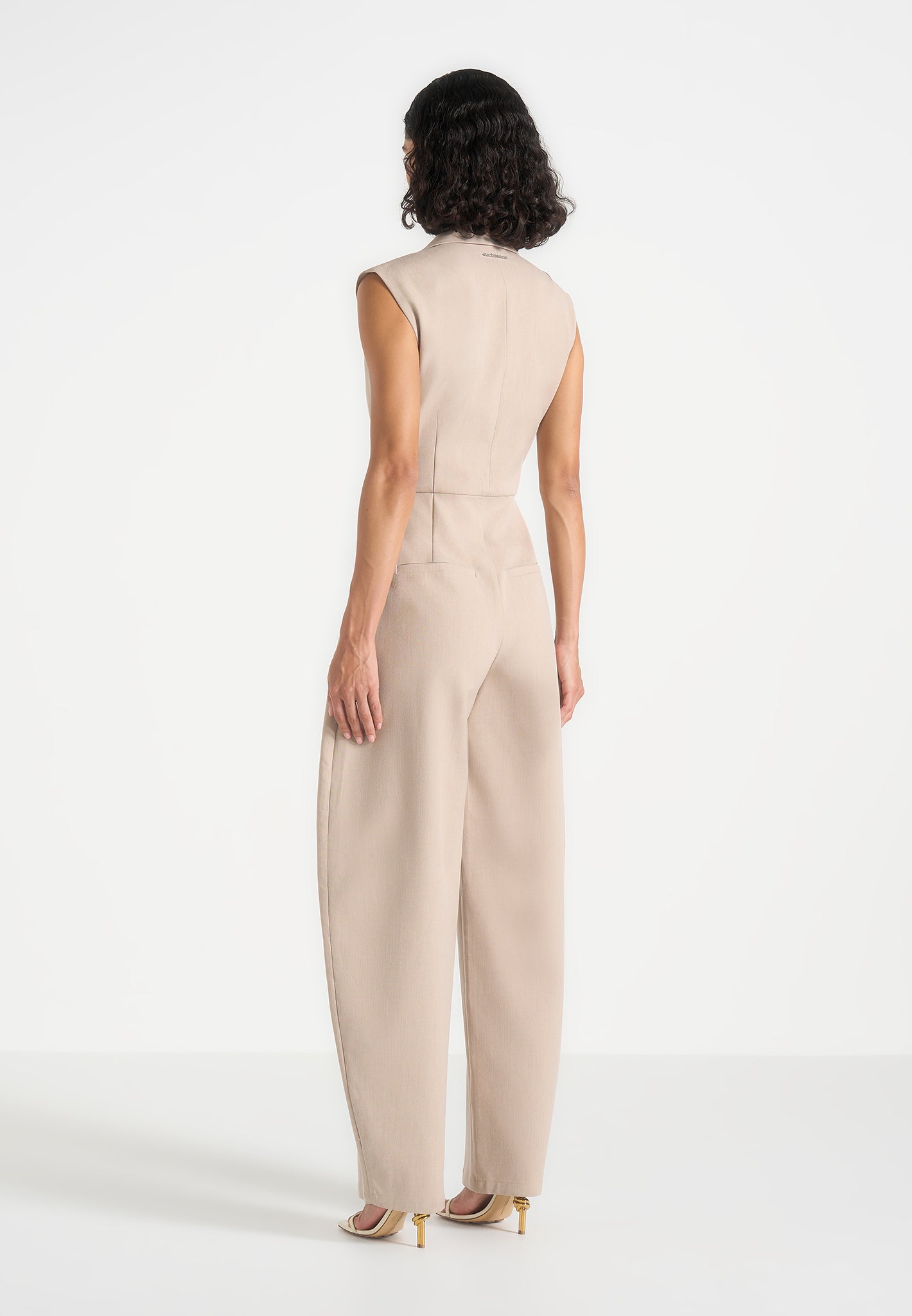 Kira - Tie-Waist Barrel Leg Tailored Jumpsuit - Beige