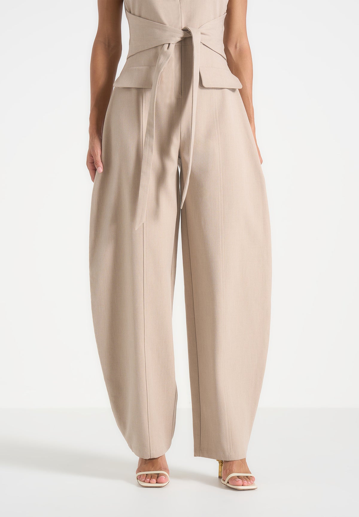 Kira - Tie-Waist Barrel Leg Tailored Jumpsuit - Beige
