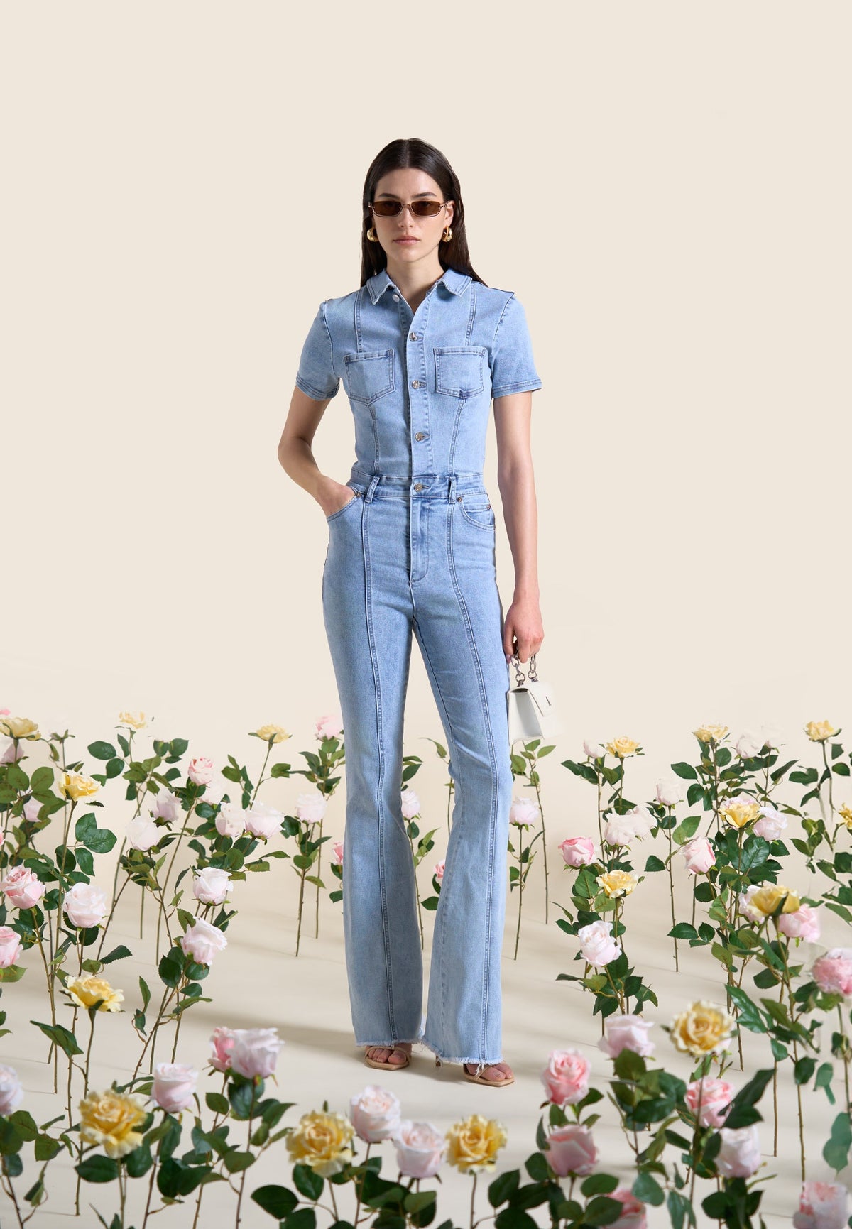 Violette - Mini Flared Denim Jumpsuit - Mid Blue