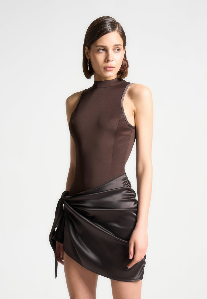 neoprene-satin-wrap-bodycon-dress-brown