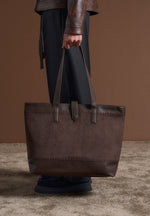 Suede & Pebbled Leather Whipstitch Tote Bag - Brown