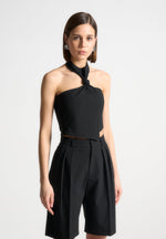 pinstripe-tie-knot-halter-top-black