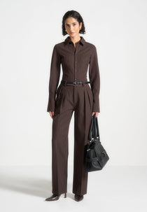 Julie - Pinstripe Twin Pleat Tailored Trousers - Brown