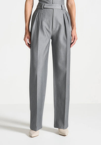 Julie - Pinstripe Twin Pleat Tailored Trousers - Grey