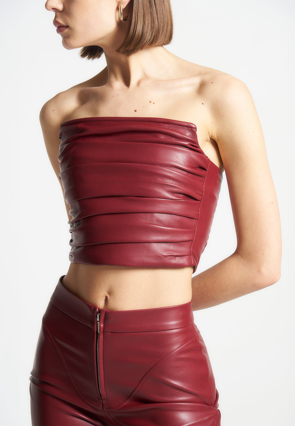 Top corset en cuir végétalien plissé - Rouge