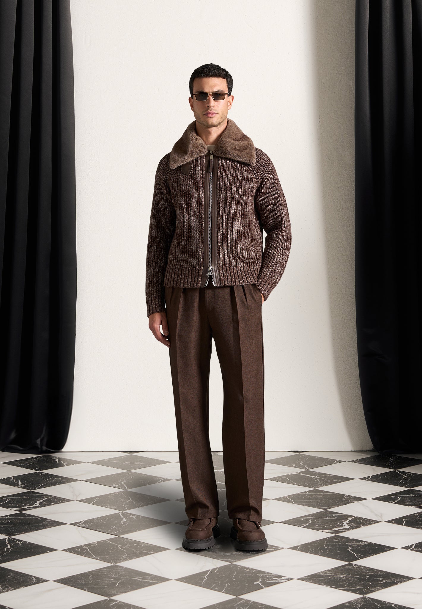 Plush Collar Wool Knit Jacket - Brown