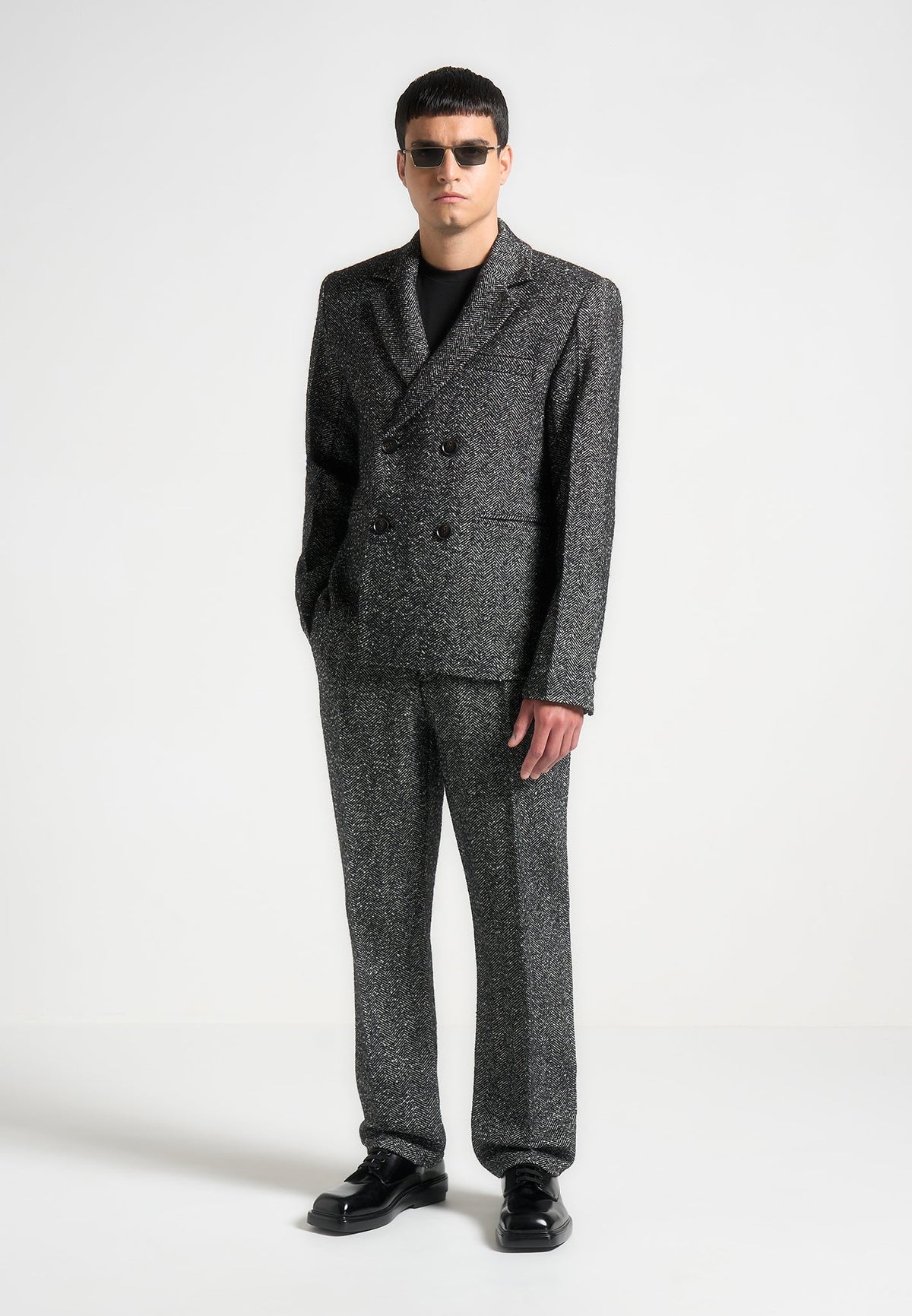 Joseph - Regular Fit Herringbone Wool Blend Tailored Pants - Black