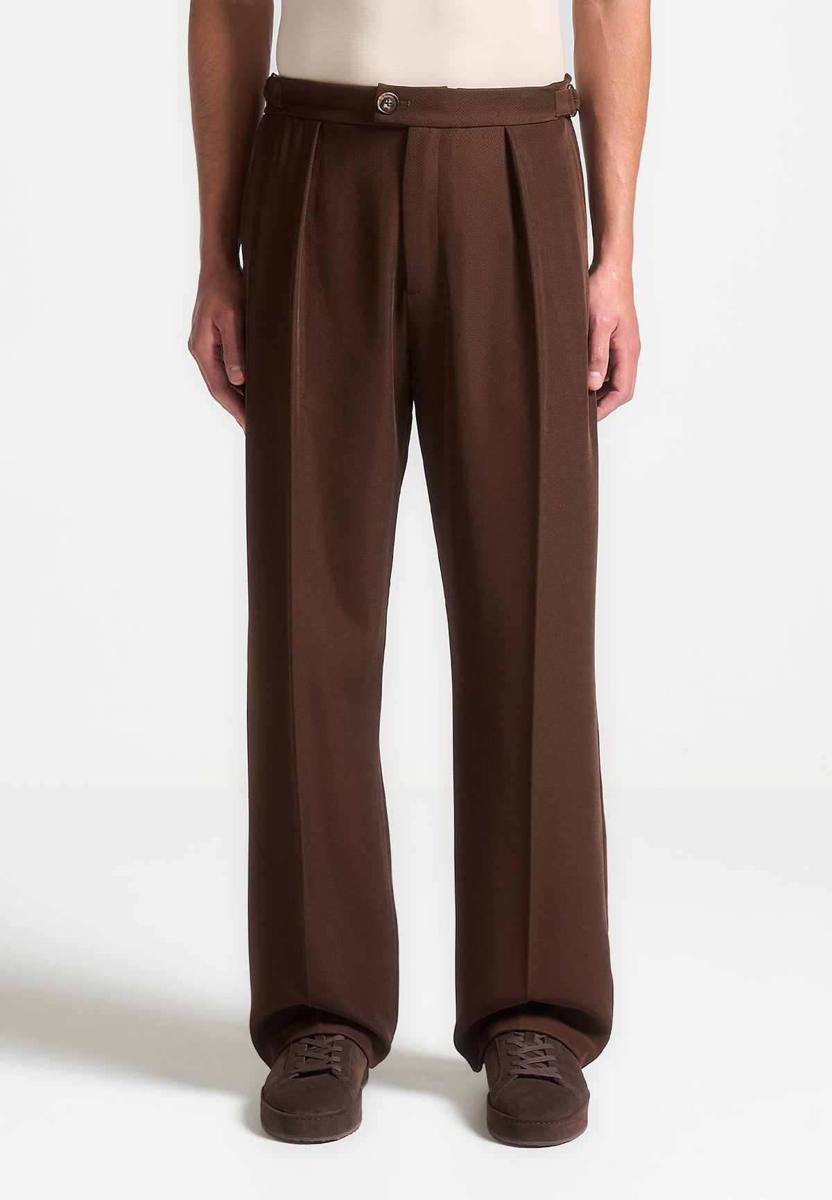 Relaxed Fit Twill Pleated Tailored Pants - Brown