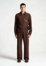 Relaxed Fit Twill Pleated Tailored Trousers - Brown