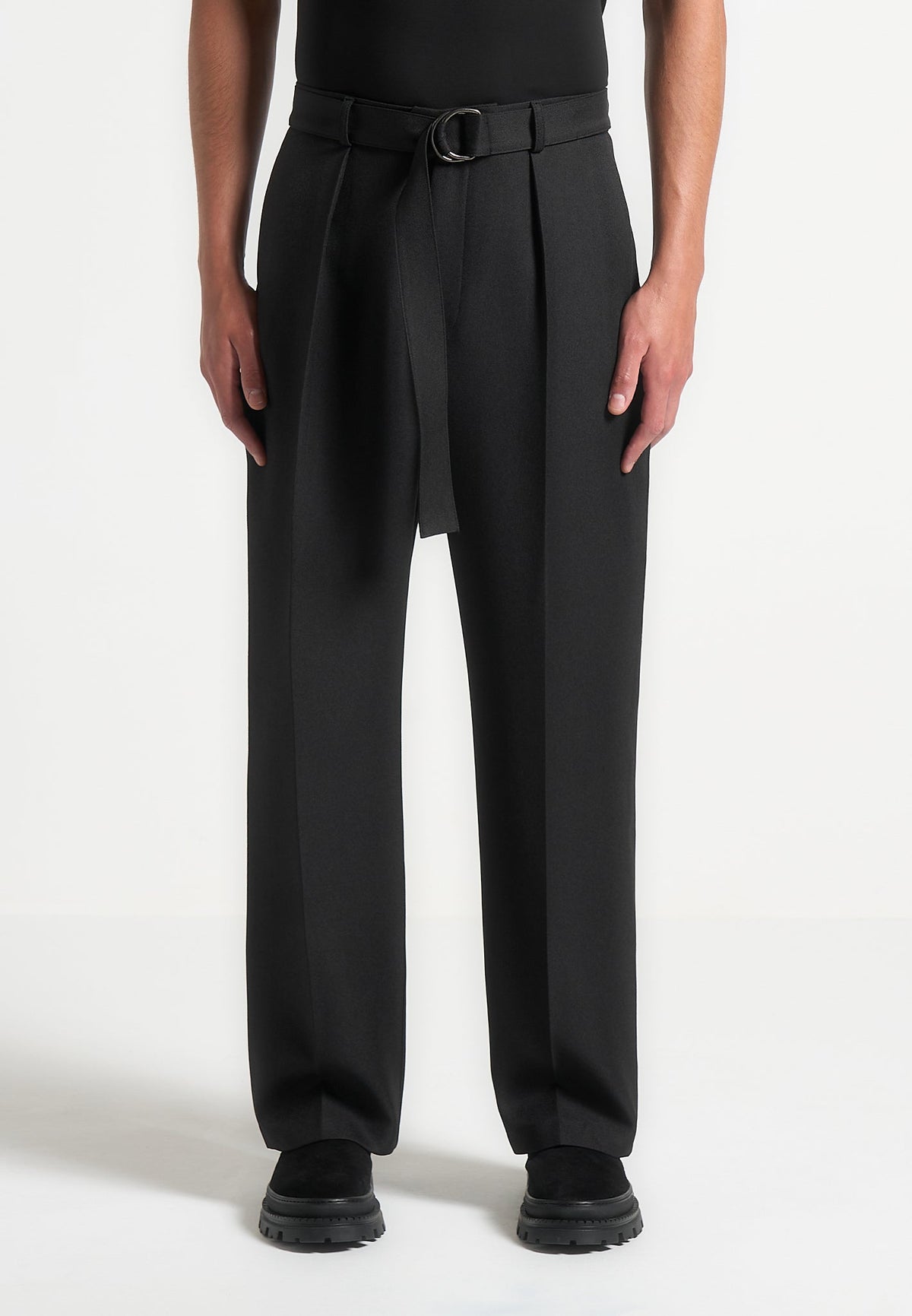 Relaxed Fit Textured Belted Tailored Pants - Black