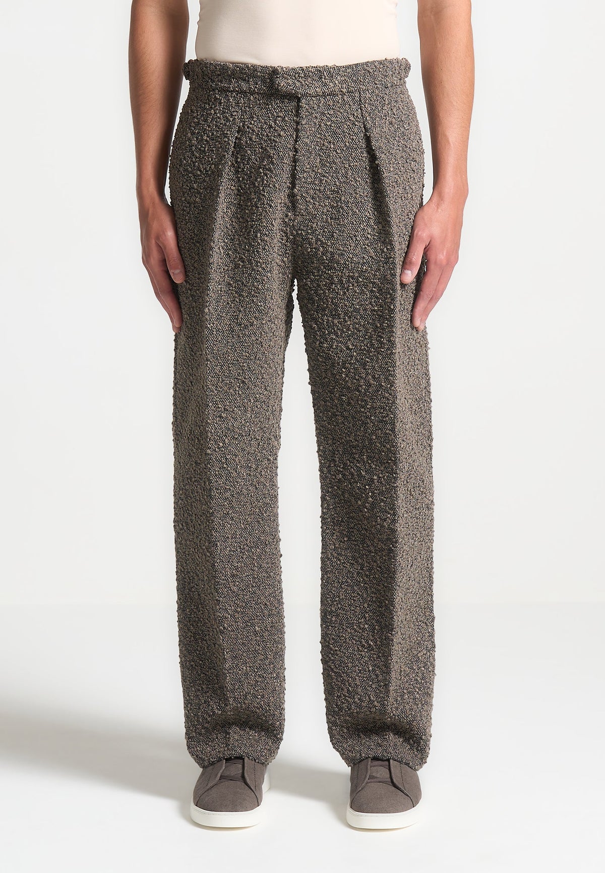 Relaxed Fit Boucle Pleated Tailored Pants - Brown